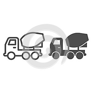Concrete mixer truck line and solid icon. Heavy machine, cement blender vehicle symbol, outline style pictogram on white