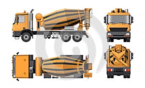 Concrete mixer truck. Side, top, front and back views. Orange isolated lorry with cement. 3d industrial blueprint