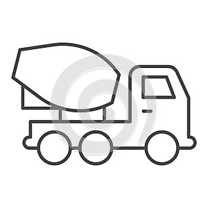Concrete mixer truck thin line icon. Heavy machine, cement blender vehicle symbol, outline style pictogram on white