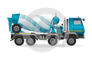 Concrete mixer truck with view from side isolated on white background. Construction vehicle vector illustration