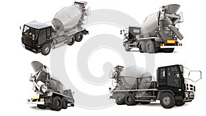 Concrete mixer truck with white cab and grey mixer on white background. Three-dimensional illustration of construction