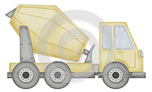 Concrete Mixer Watercolor illustration. Hand drawn clip art of baby toy yellow Cement blender on isolated background