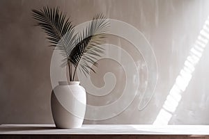 concrete modern wall decor design shadows interior tree palm home sunlight vase. Generative AI.