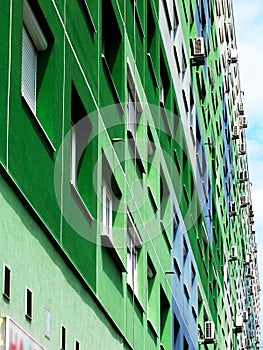 Concrete panel apartment building frontal exterior elevation detail