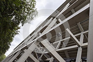 Concrete pillar construction of a soccer stadium, perspective view