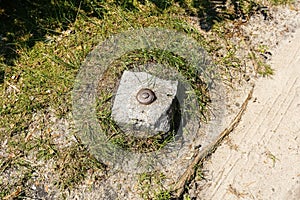 Concrete post marks the boundary of the plot