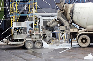 concrete pump and mixer to work together pouring cement floors in the shopping center for repair.