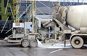 concrete pump and mixer to work together pouring cement floors in the shopping center for repair.