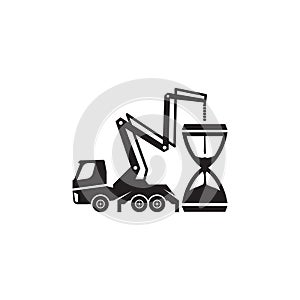 Concrete pump truck silhouettes logo. Concrete pump truck conveyed concrete on sand glass.