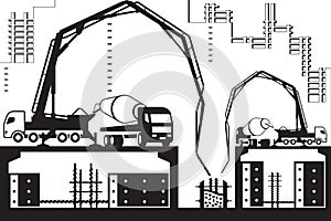 Concrete pump trucks on construction site