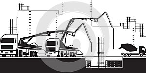 Concrete pump trucks on construction site