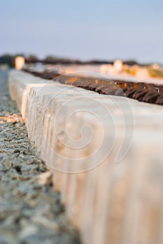 Concrete railroad ties in railway construction site