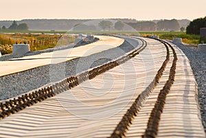 Concrete railroad ties in railway construction site