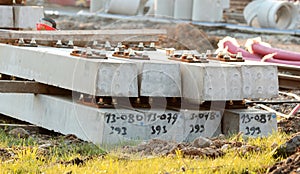 Concrete railway sleepers on construction site