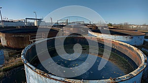 Concrete reservoirs filled with a dark and viscous liquid representing thousands of gallons of stored oil