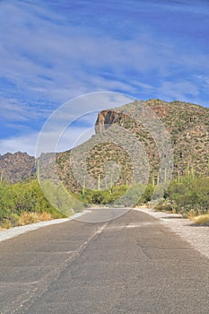 Concrete road with a mountain view at Sabino Canyon State Park in Tucson, Arizona