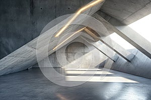 Concrete room background, abstract modern space with grey sloped walls, daylight and led light, empty minimalist hall interior.