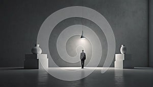 in concrete room between two vases on pedestals, a man in a suit stands under the light of a lamp