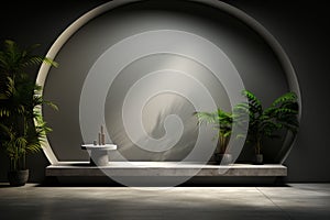 A concrete shelf with potted plants sits in front of a concrete wall