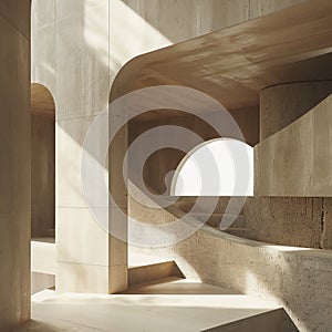 a concrete staircase with a circular window
