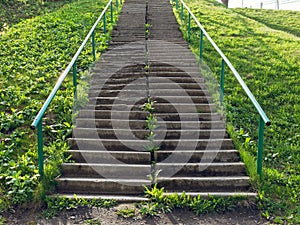 Concrete staircase on a steep slope of green grass