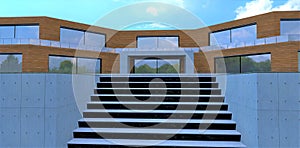 Concrete staircase to the futuristic woodwn facade house. Entrance to the building. Big panoramic windows. 3d render
