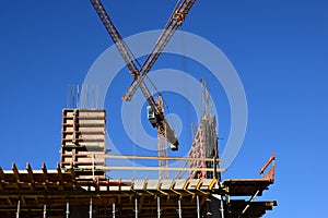 Concrete structure. building frame during construction with steel rebars