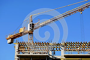 Concrete structure. building frame during construction with steel rebars