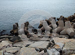 Concrete tetrapods, Muthala pozhi sea port, Thiruvananthapuram, Kerala, seascape view