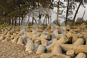 A Concrete tetrapods on a sandy beach on the background of trees and palms. tsunami barrier