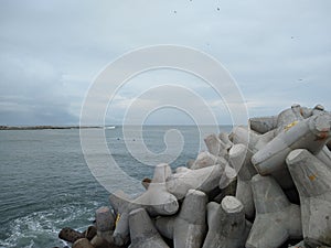 Concrete tetrapods in Vizhinjam fishing Harbor, Thiruvananthapuram Kerala, seascape view