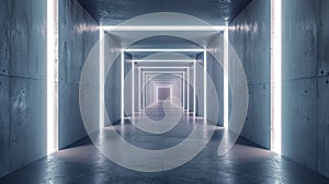 Concrete tunnel background, modern building room or hall, underground garage with white led light. Concept of warehouse,