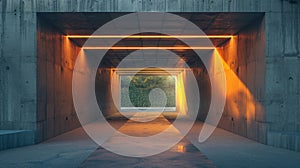 Concrete tunnel with led light and grey walls, modern minimalist futuristic building. Concept of bridge, technology, background,
