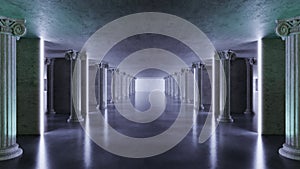 Concrete Underground Tunnel with ancient columns, abstract Concrete tunnel background geometric, Futuristic interior architecture