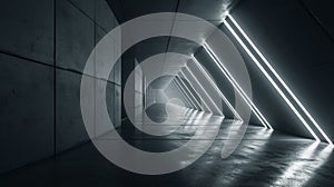 Concrete underground tunnel background, modern grey corridor with sloped walls and led light, perspective of empty futuristic