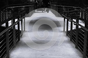 Concrete walkway with shiny metal rails, horizontal wire pickets, and hexagonal platform, black and white photo