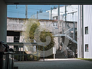 A concrete walkway towards a glass outdoor building