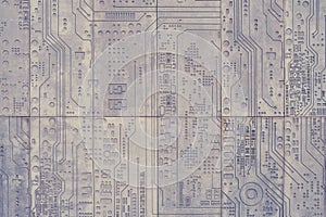 Concrete wall background with carved technological electronics circuit pattern