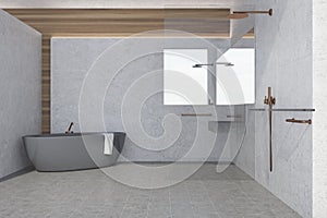 Concrete wall bathroom interior, gray tub