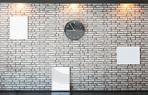 Concrete wall decoration with a picture frame and clock.