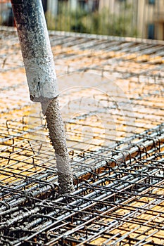 Concrete works during house building, concreting floors of building