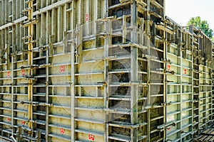 Concreting works, installed concrete formworks closeup at the construction site