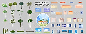 Conctructor house villa elements, door, windows, walls, roof, flora, trees, palms. Set creator architecture real estate