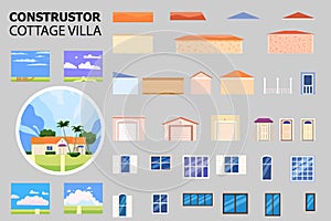 Conctructor villa elements, door, windows, walls, roof. Set creator architecture real estate, build cottage, vector