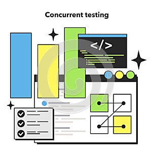 Concurrent testing technique. Software testing methodology. IT specialist photo