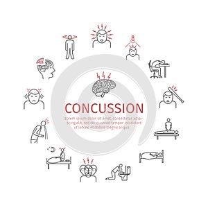 Concussion. Symptoms, Treatment. Line icons set. Vector signs for web graphics. photo
