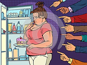 Condemnation and shame. Fat woman at the open refrigerator with food, obesity and excess weight photo