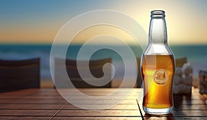 The condensation filled beer glass and the open beer bottle on the hardwood table. Light reflecting sea blurred into the
