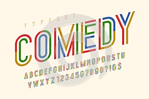 Condensed colorful display font design, alphabet and numbers.