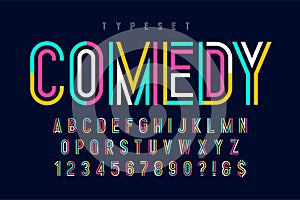 Condensed colorful display font design, alphabet and numbers.